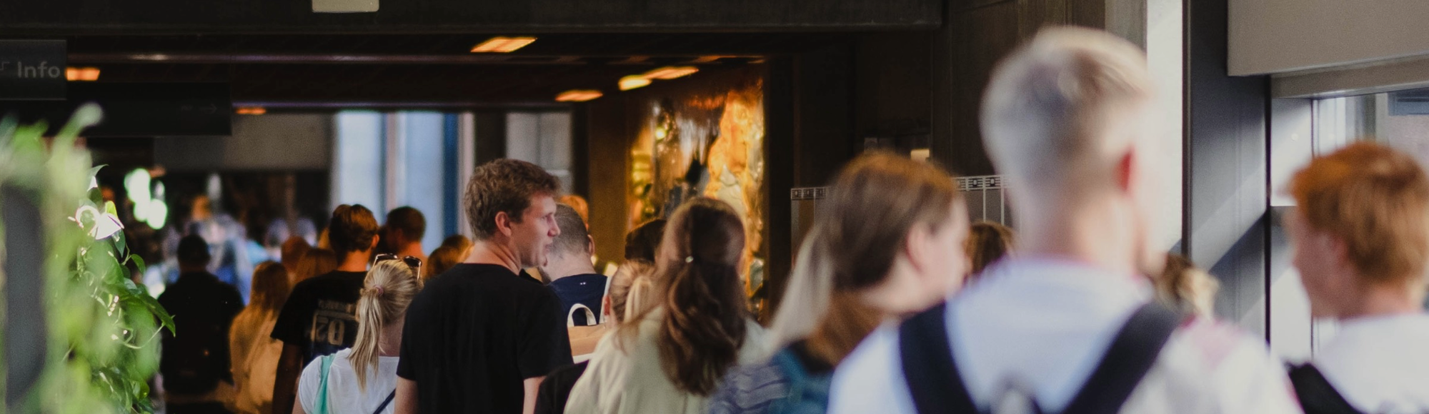 Flere studerende går gennem en indendørs universitetsgang med varmt lys og vinduer i siden.
