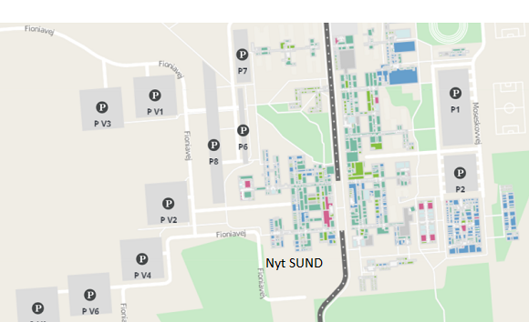 Kort over parkeringspladser på SDU