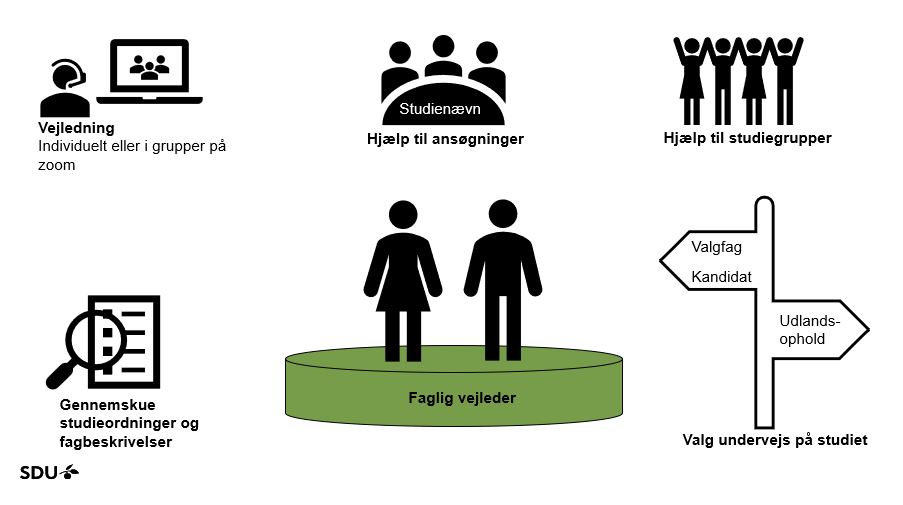 Informationsgrafik om studievejledning og studievalg på SDU Informationsgrafik fra SDU om vejledning, hjælp til ansøgninger, studiegrupper, faglig vejleder og valg undervejs på studiet.