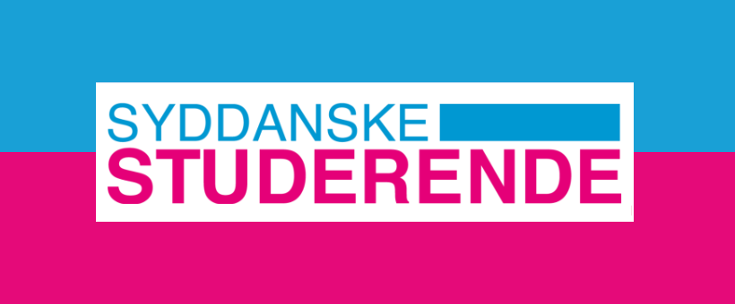 Logo med teksten SYDDANSKE STUDERENDE på blå og pink baggrund.