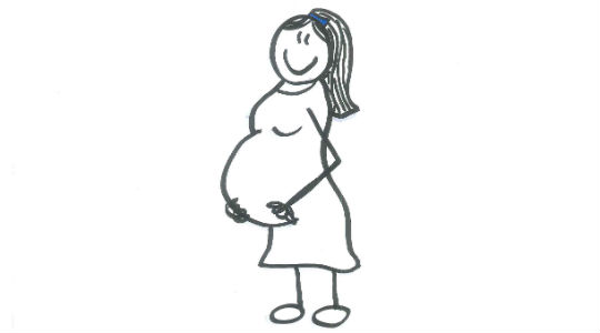Enkel stregtegning af en gravid kvinde, der står og holder sin mave.