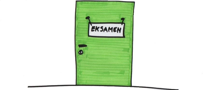 Tegning af en grøn dør hvor der står eksamen på et skilt på