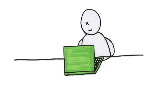 Tegnet figur af mand, som skriver på computer