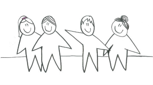 Sketch of four people standing and smiling 