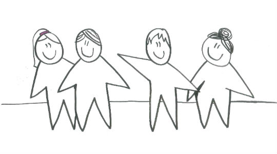 Sketch of four people standing and smiling