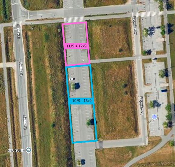 Map of parking area P8 at SDU. The northern part of the car park is closed off on 11-12 September 2026, and the southern part is closed off on 10-13 September 2026 in connection with the Semester Start Party.